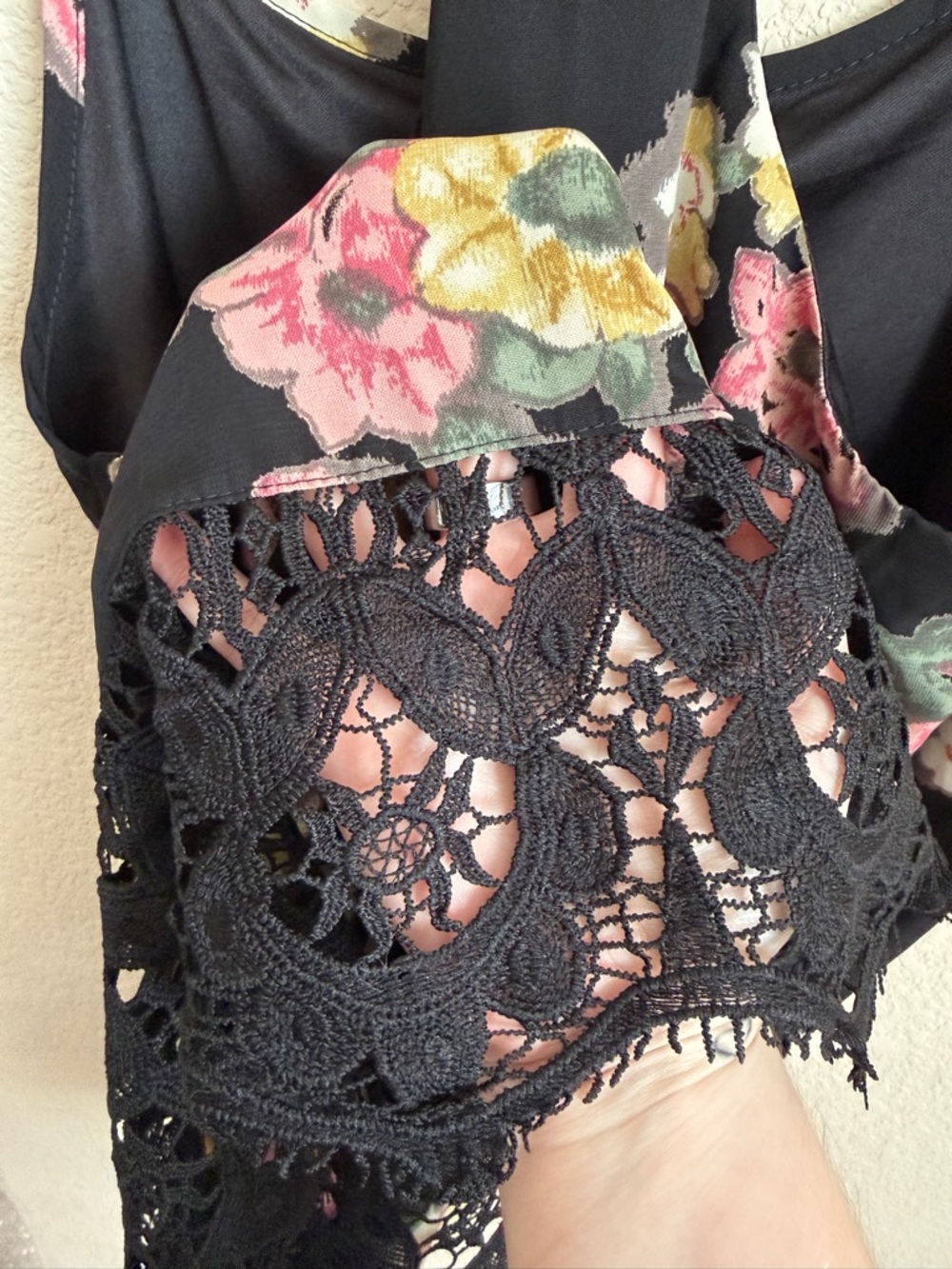 Slip Dress Black Floral Crochet Lace Hem Mini Lined Spaghetti Strap Size S Voom - Picture 13 of 13